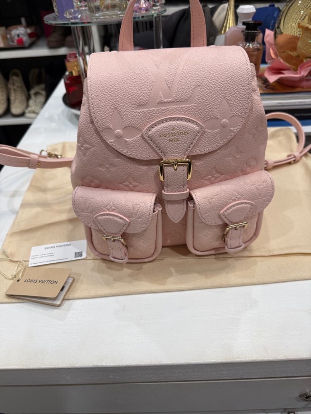 Authentic Louis Vuitton Blush Pink Monogram Leather Backpack with Front Pockets